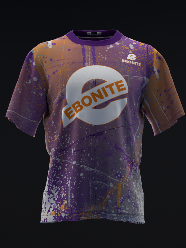 Purple bowling jersey with Ebonite logo and abstract splatter pattern design, front view