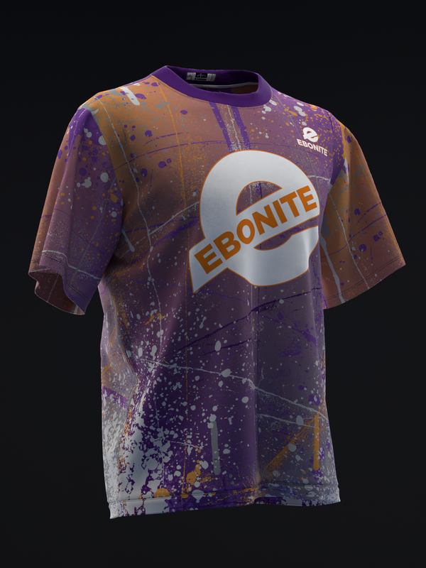 Purple and gold bowling jersey with Ebonite logo and splatter pattern design