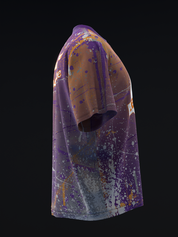 Purple bowling jersey with gold and white spatter paint design, side view