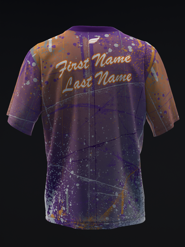 Purple bowling jersey with gold splatter pattern and personalized text on back
