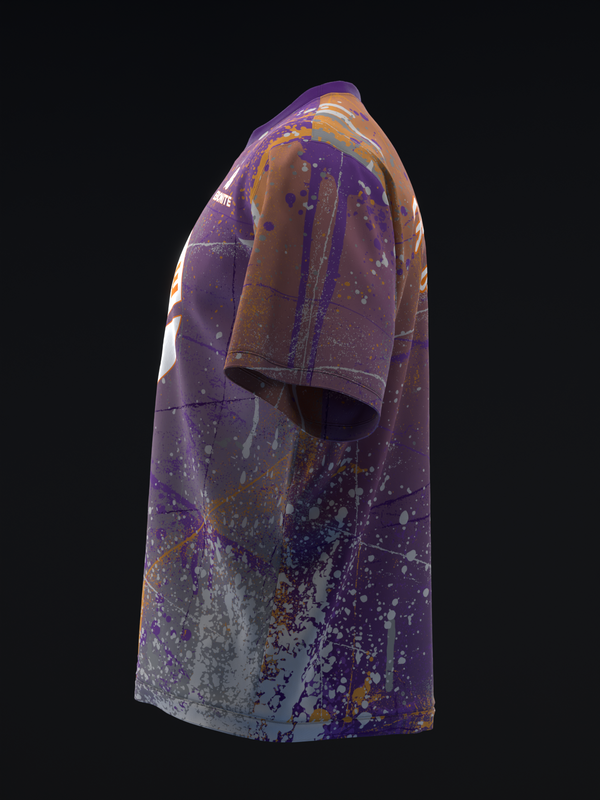 Purple bowling jersey with distressed paint splatter design, side view