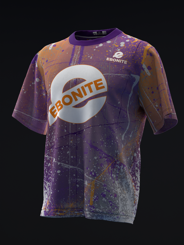 Purple bowling jersey with Ebonite logo and splatter pattern design, front view