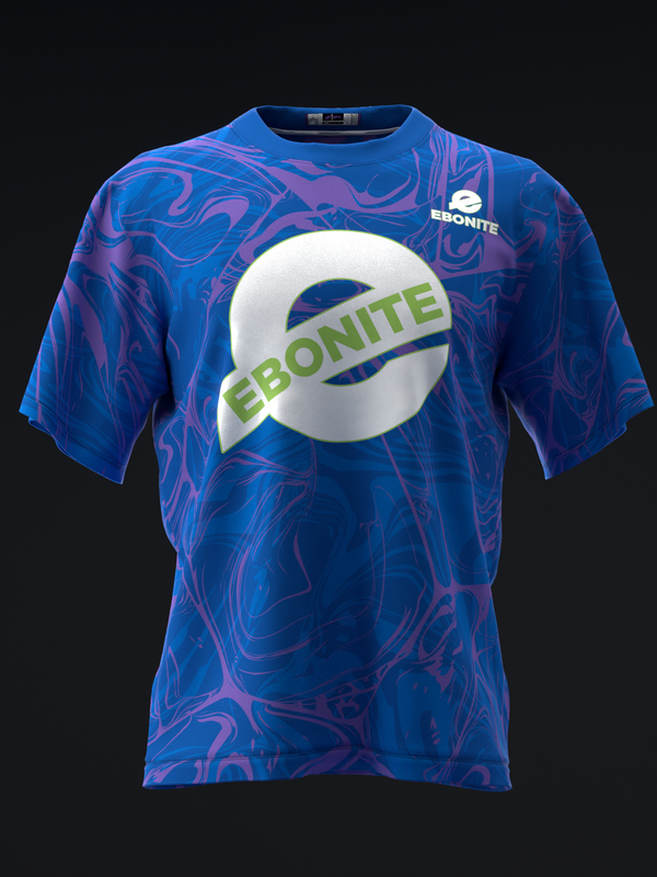 Blue bowling jersey with purple swirled pattern and white Ebonite logo, front view
