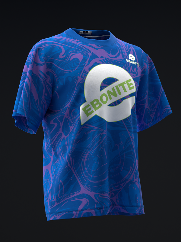 Blue bowling jersey with purple swirl pattern and Ebonite logo graphic, front view