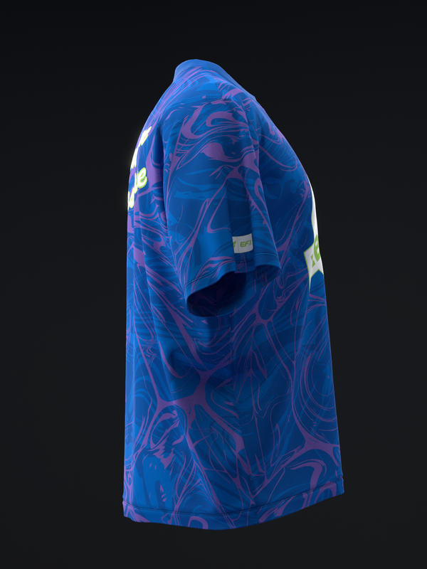 Blue bowling jersey with purple swirled marble pattern and yellow accents, side view