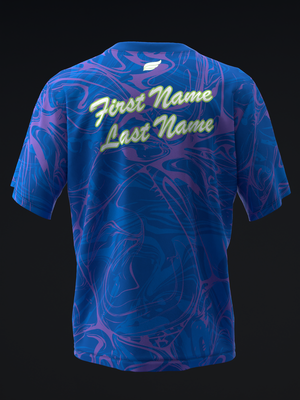 Blue bowling jersey with purple swirl pattern and yellow name text on back
