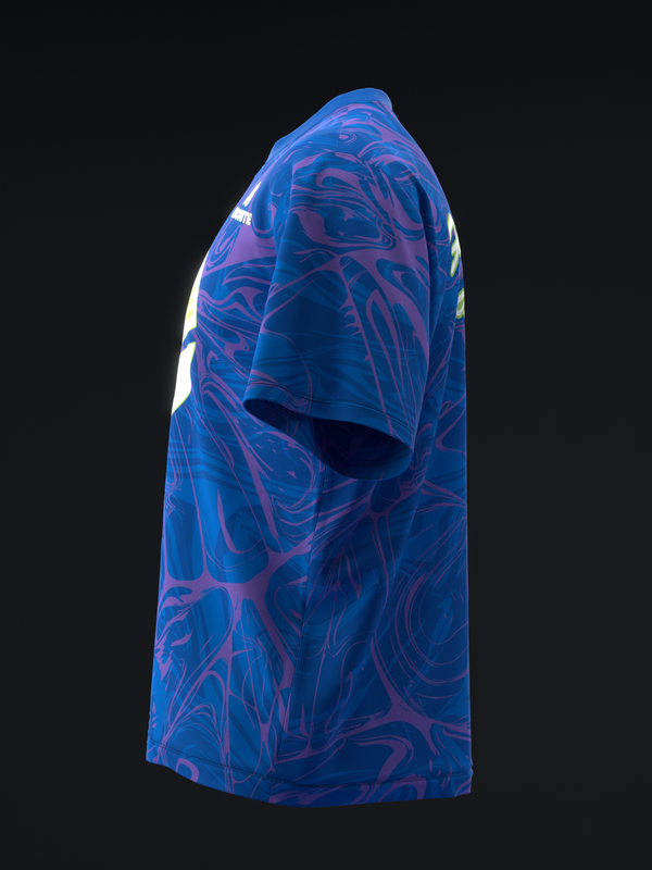 Blue bowling jersey with abstract purple swirl pattern, side view
