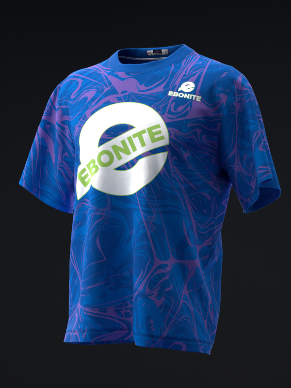 Blue bowling jersey with purple abstract pattern and large Ebonite logo, front view