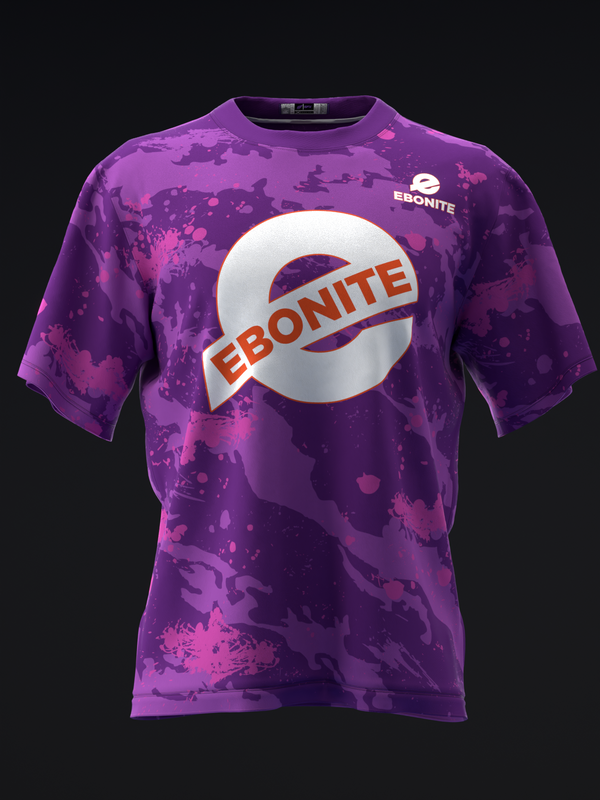 Purple bowling jersey with Ebonite logo and splatter pattern design, front view