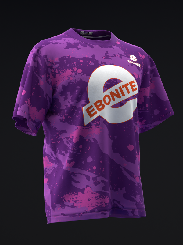 Purple tie-dye bowling jersey with Ebonite logo graphic, front view