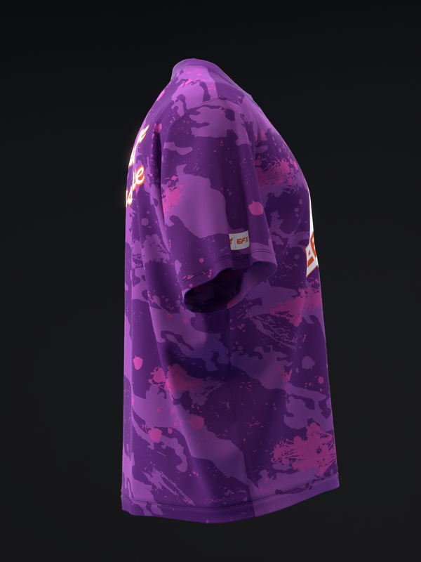 Purple bowling jersey with abstract splatter pattern and yellow stripe detail, side view