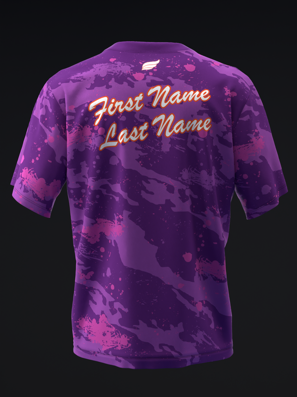Purple bowling jersey back view with splatter pattern and gold name text