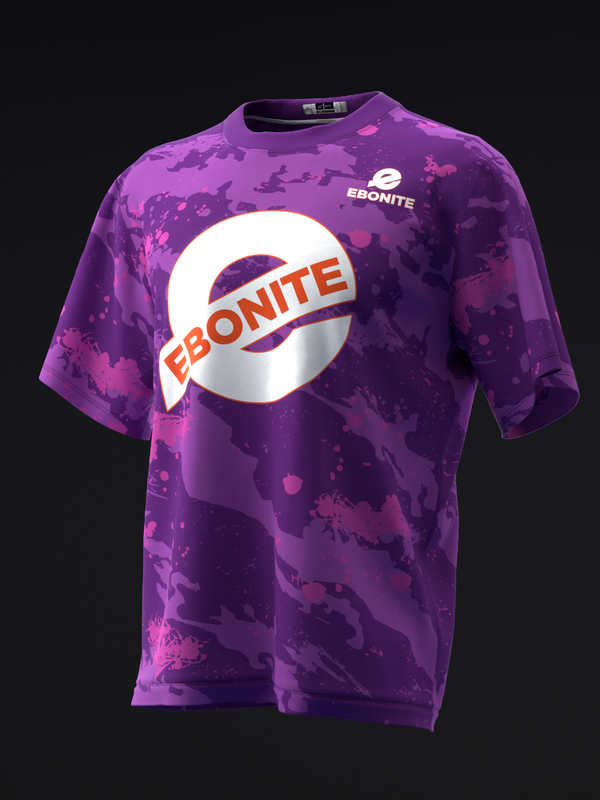 Purple bowling jersey with splatter pattern and Ebonite logo, front view