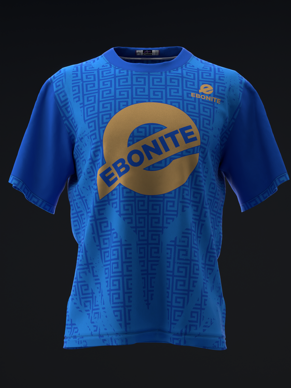Blue bowling jersey with gold Ebonite logo and geometric pattern, front view