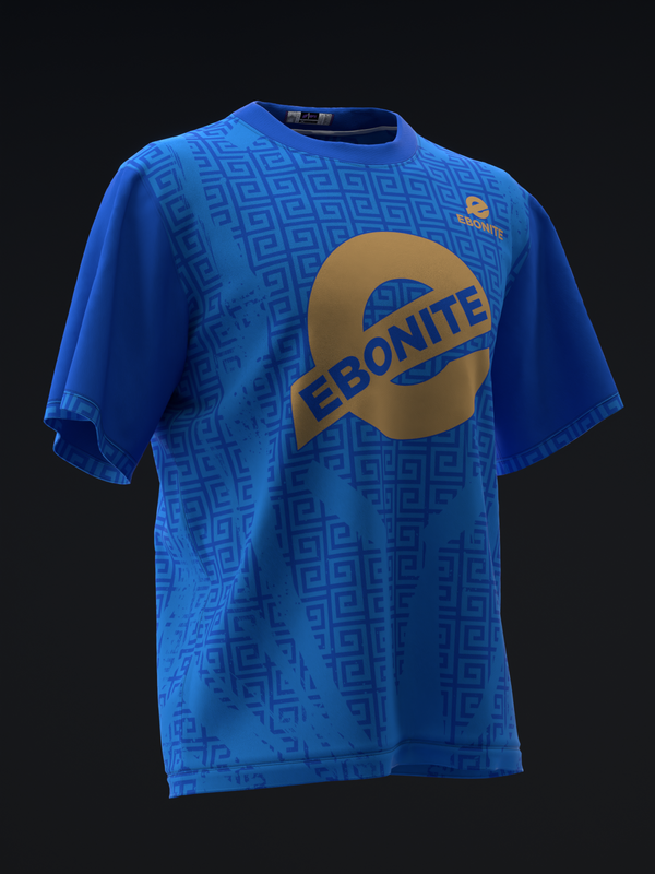 Blue bowling jersey with gold Ebonite logo and geometric pattern, front view