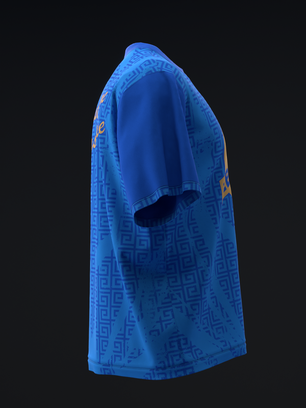 Bright blue bowling jersey with geometric pattern and orange side graphic, side view