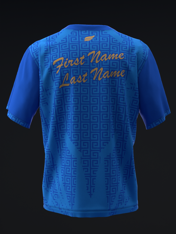 Blue bowling jersey with geometric pattern and gold script name text, back view