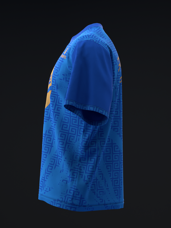 Blue bowling jersey with geometric pattern and orange accents, side view
