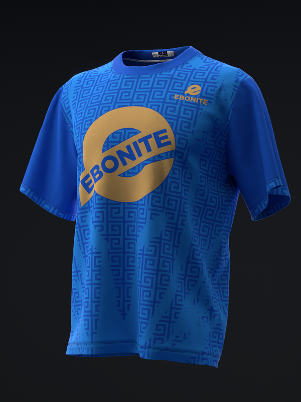 Blue bowling jersey with gold Ebonite logo and geometric pattern, front view