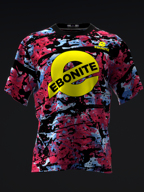 Black bowling jersey with red and blue splatter pattern and yellow Ebonite logo circle