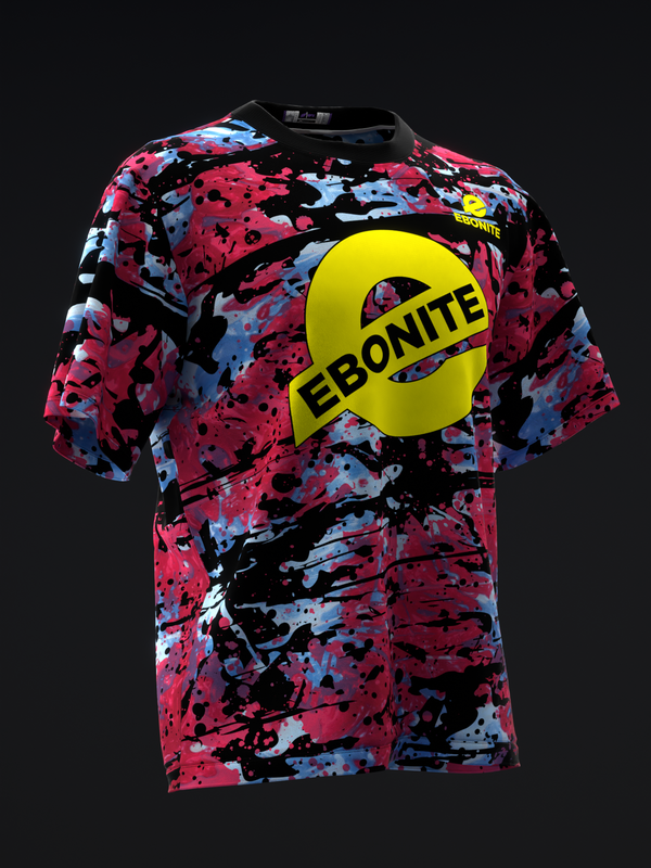 Black bowling jersey with red, blue, and white paint splatter pattern and yellow Ebonite logo circle