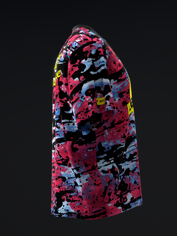 Bowling jersey with red, black, blue, and yellow abstract splatter pattern design