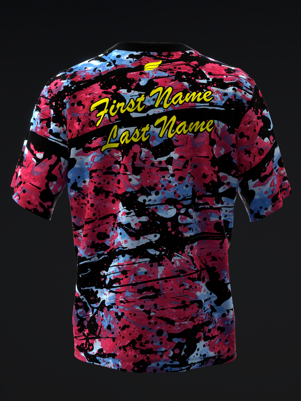 Back view of bowling jersey with pink, blue, and black splatter pattern and yellow text