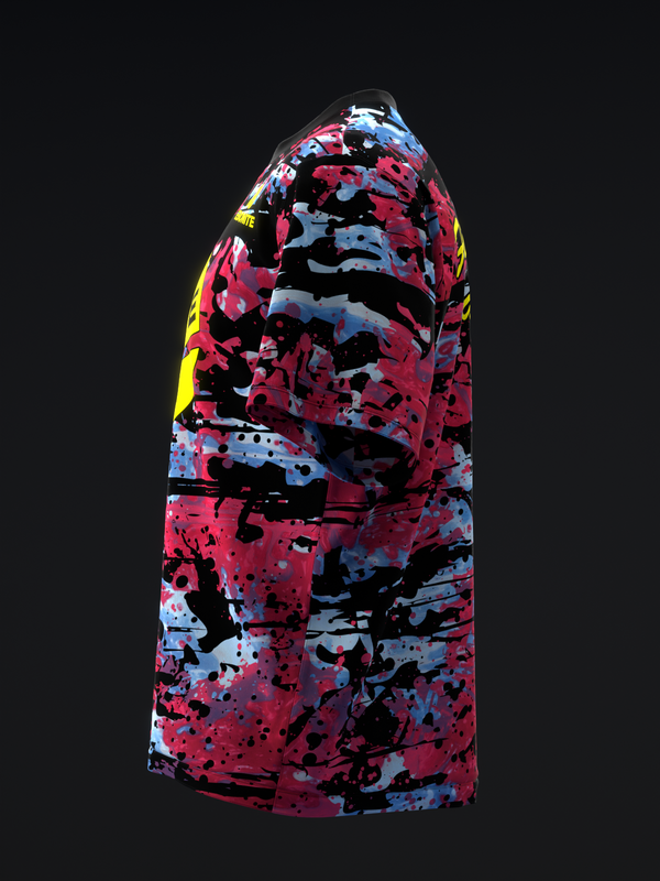Black bowling jersey with red, blue, and yellow abstract splatter pattern throughout