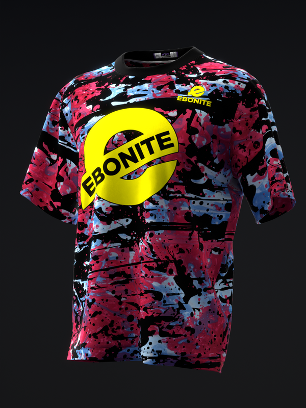 Front view of Ebonite bowling jersey with splatter pattern in red, blue, black and white with large yellow circular logo