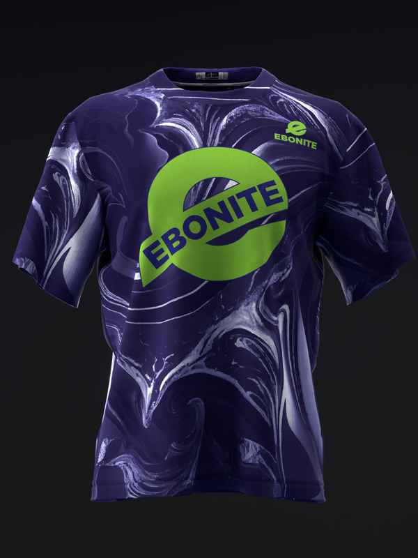 Purple bowling jersey with lime green circular Ebonite logo and swirled pattern, front view