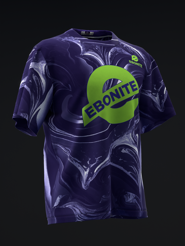 Purple bowling jersey with swirled marble pattern and lime green circular Ebonite logo