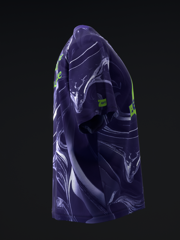 Purple bowling jersey with white swirled marble pattern and neon accents, side view