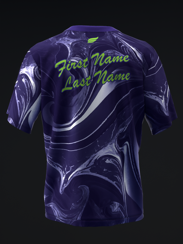 Purple bowling jersey back view with swirled design and lime green personalization text