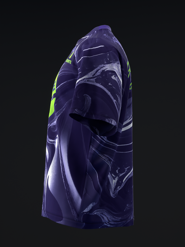 Purple bowling jersey with neon yellow accents and abstract swirl graphic, side view