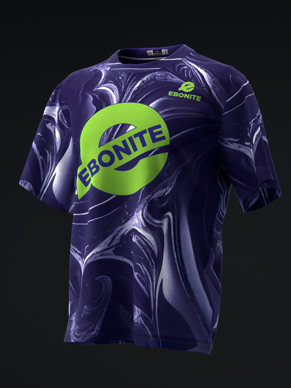 Dark purple bowling jersey with lime green circular logo and swirled pattern