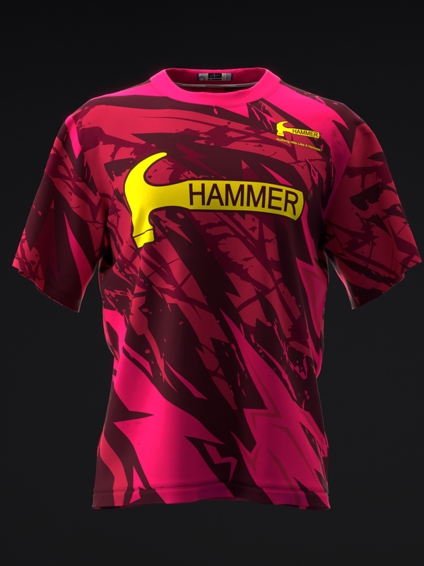 Hot pink bowling jersey with yellow hammer logo and abstract dark pattern