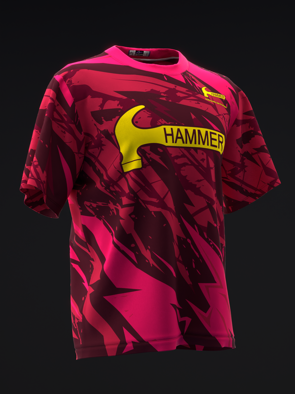 Pink and burgundy bowling jersey with yellow hammer graphic on chest