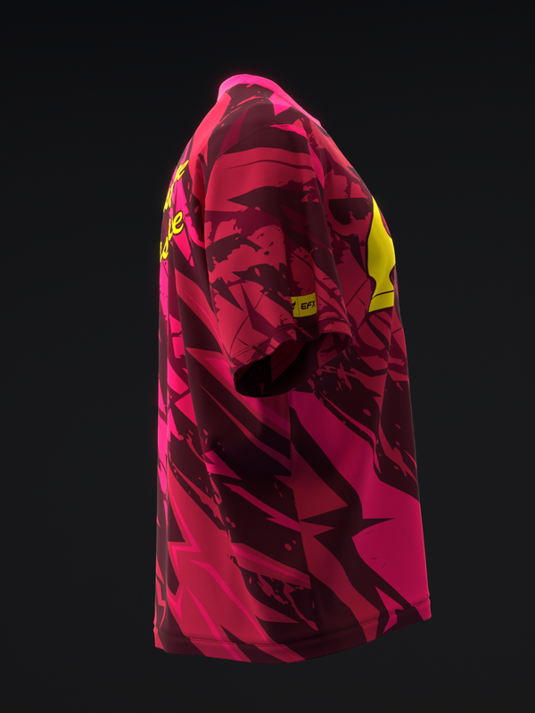 Pink bowling jersey with black geometric pattern and yellow shoulder accents, front view