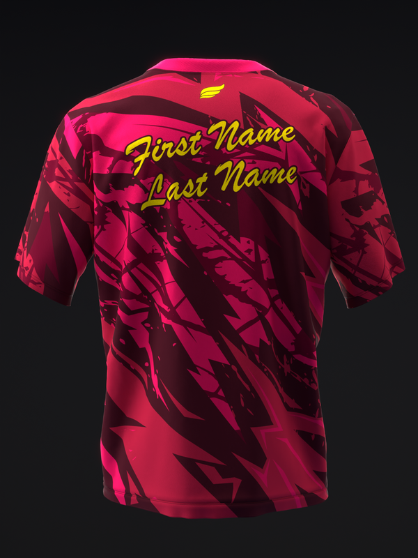 Back view of hot pink bowling jersey with geometric abstract pattern in dark red and black, yellow personalized text