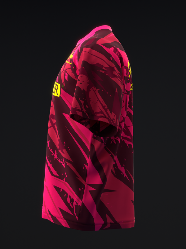 Hot pink bowling jersey with geometric shatter pattern and yellow accent stripe