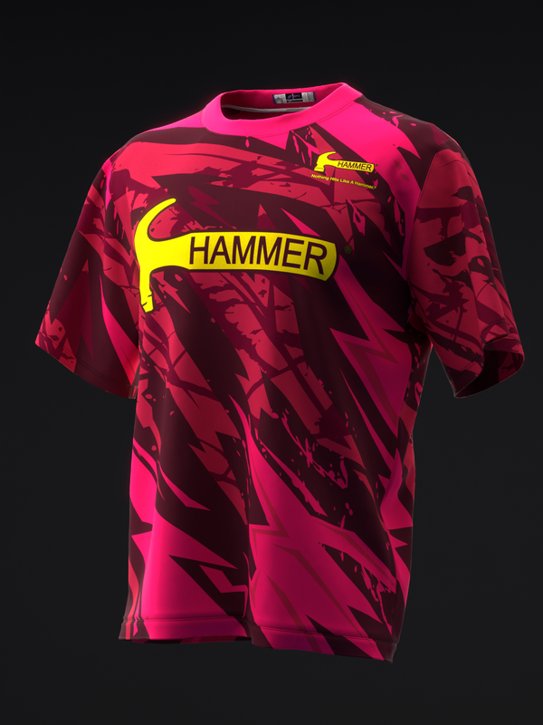 Hot pink and burgundy bowling jersey with yellow Hammer logo and abstract geometric pattern