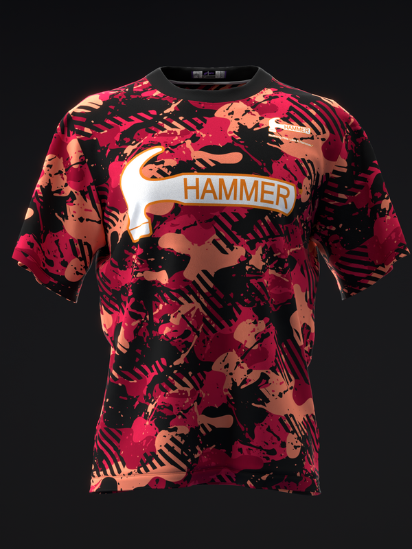 Red and black bowling jersey with Hammer logo and abstract splatter pattern, front view