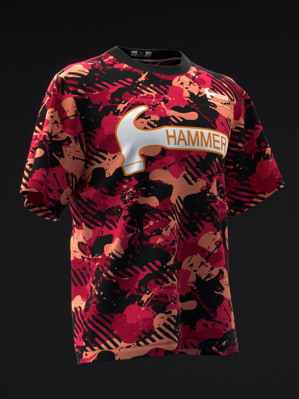 Bowling jersey front with red and black abstract camo pattern and Hammer logo