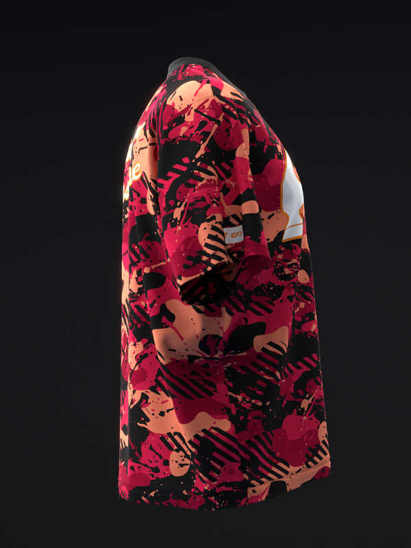 Red bowling jersey with black and peach abstract splatter pattern, front view