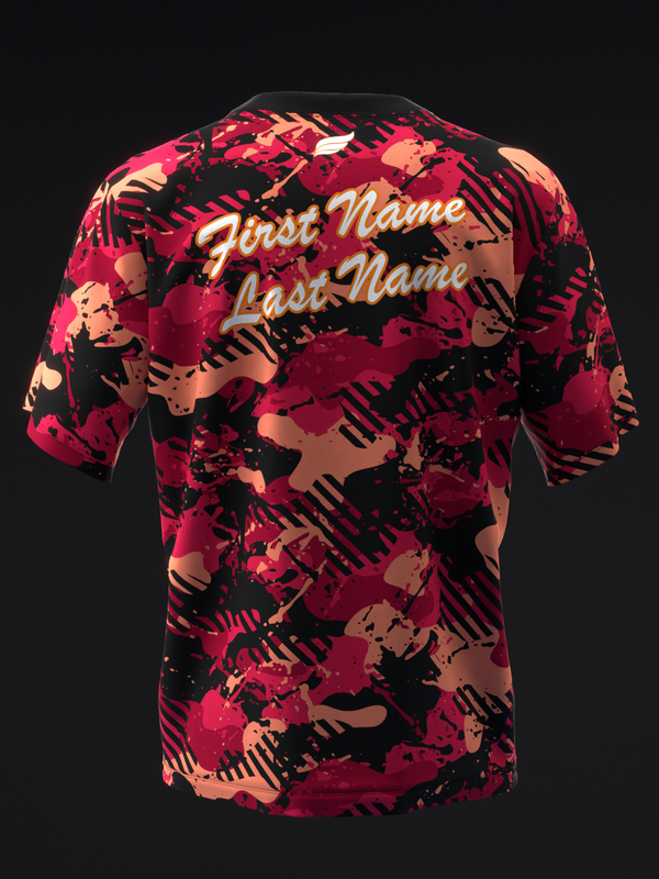 Black bowling jersey with pink and coral abstract splatter pattern and personalized name text back view