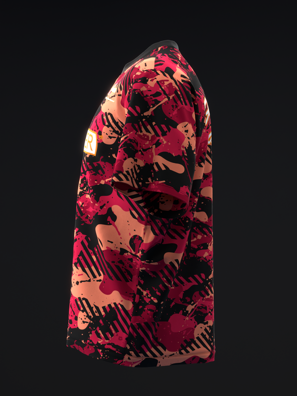 Bowling jersey in red, black, and tan with abstract brushstroke pattern, side view