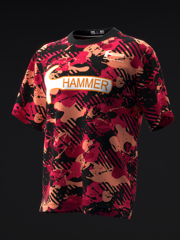 Red bowling jersey with black and tan abstract paint splatter pattern and Hammer logo