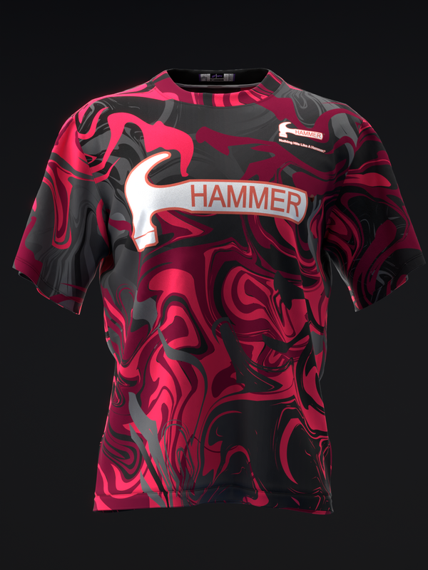 Front view of red and black bowling jersey with Hammer logo and abstract swirl pattern
