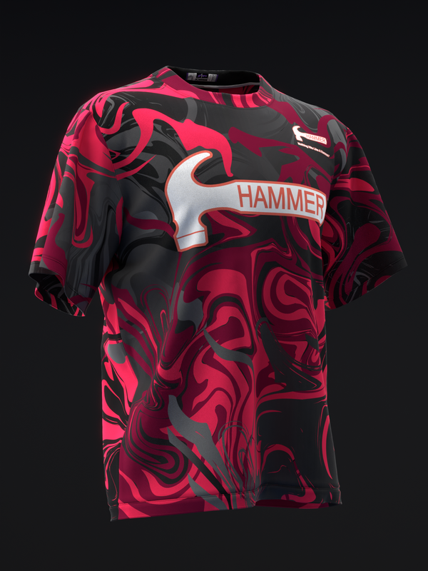 Front view of red and black abstract swirl bowling jersey with Hammer logo