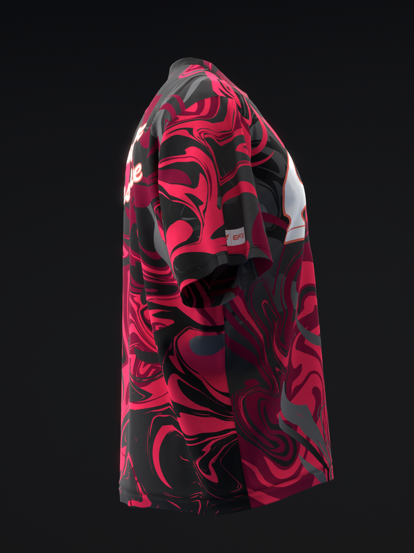 Black and red abstract swirl bowling jersey displayed on mannequin side view